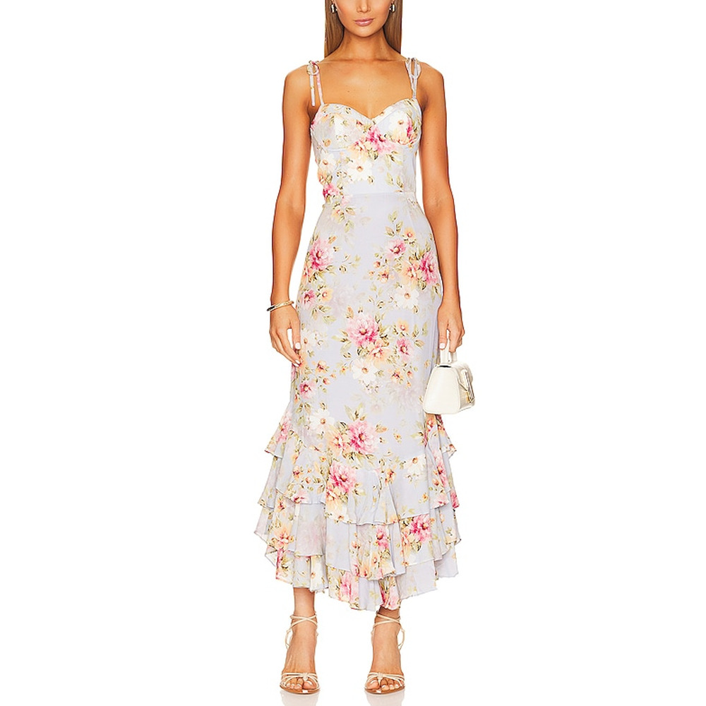 Yumi Kim Pastel Floral Ruffle Maxi Dress in Light Blue and Pink